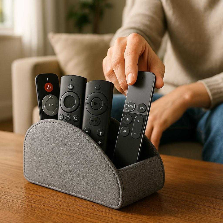 Fjernbetjening Holder i Stof og Syntetisk Materiale med Syninger - Samler og Organiserer: A realistic living room setting where the product is properly grounded on a wooden coffee table, being actively used to organize multiple remotes while someone reaches for one.