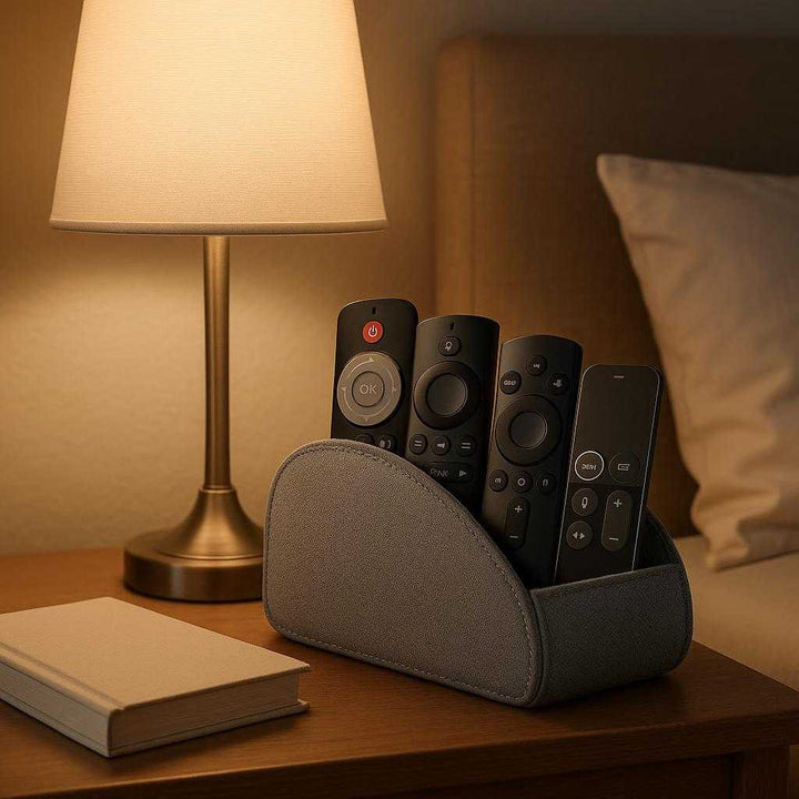 Fjernbetjening Holder i Stof og Syntetisk Materiale med Syninger - Samler og Organiserer: A different realistic bedroom setting where the product is securely positioned on a bedside table, naturally arranging various remotes alongside a table lamp and a book, with soft lighting creating gentle shadows and realistic integration into the relaxing nighttime environment.