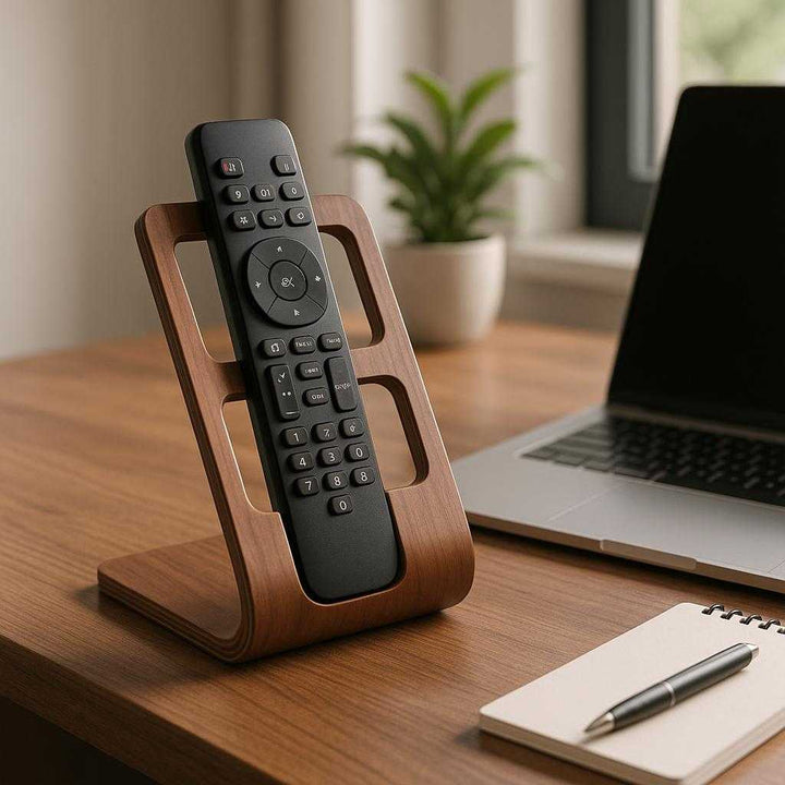 Fjernbetjeningsholder i moderne design - Praktisk opbevaring i bøgetræ til hjemmet eller kontoret: A realistic home office setting where the product is properly grounded on a sleek wooden desk, being naturally placed with a remote control neatly slotted into it.