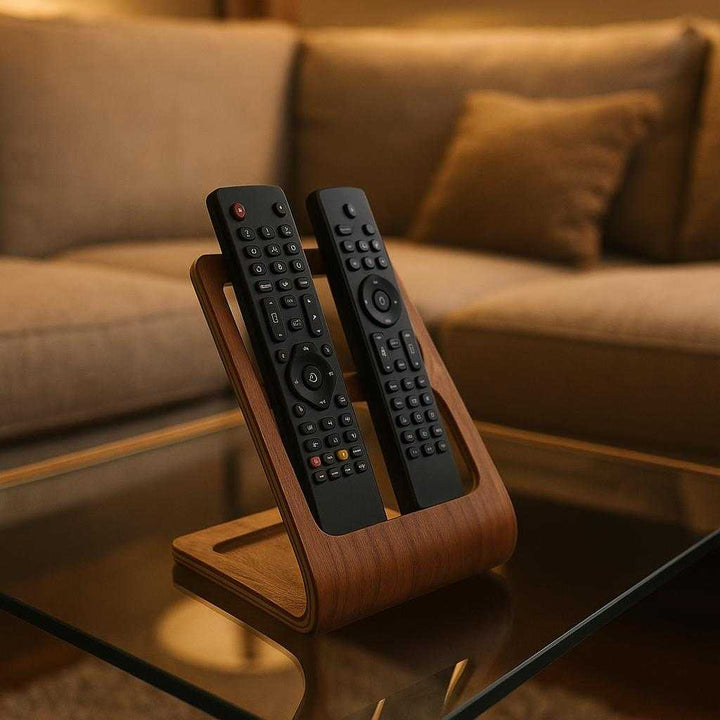Fjernbetjeningsholder i moderne design - Praktisk opbevaring i bøgetræ til hjemmet eller kontoret: A different realistic living room setting where the product is securely positioned on a modern glass coffee table, being used to hold multiple TV remotes.