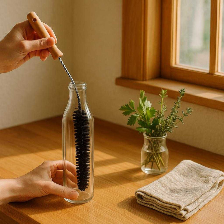 Flaskebørste i træ og metal - Perfekt til rengøring af smalle rum og flasker. A cozy kitchen setting bathed in natural morning light, where the flask brush is being used to clean a tall, narrow-necked glass bottle on a wooden countertop. Nearby, fresh herbs in a small vase and a soft, folded dish towel add warmth and real-life context. Sunlight streams through a window, creating soft shadows and highlighting the brush’s wooden handle and metal bristles.