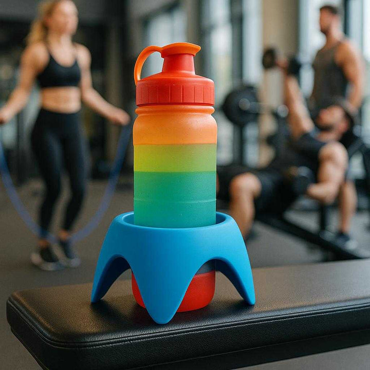 Flaskeholder i Silikone - Praktisk Støtte til Flasker i Blå, Grøn, Lilla og Orange. A vibrant blue silicone bottle holder elegantly holds a colorful sports bottle on a gym bench, with gym-goers exercising in the background.