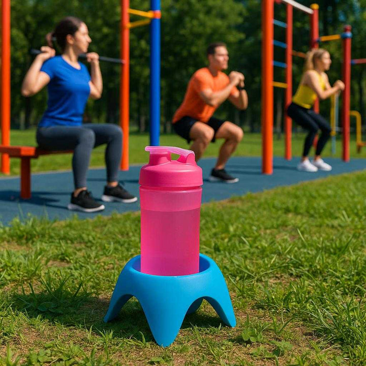 Flaskeholder i Silikone - Praktisk Støtte til Flasker i Blå, Grøn, Lilla og Orange. In a vibrant outdoor gym, the blue silicone bottle holder stabilizes a sports bottle on an uneven grassy surface, with people exercising nearby.