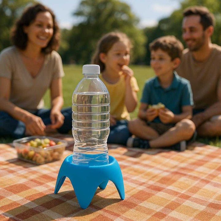 Flaskeholder i Silikone - Praktisk Støtte til Flasker i Blå, Grøn, Lilla og Orange. The blue silicone bottle holder secures a water bottle upright on a picnic blanket during a sunny day at the park, with a family enjoying a meal in the background.