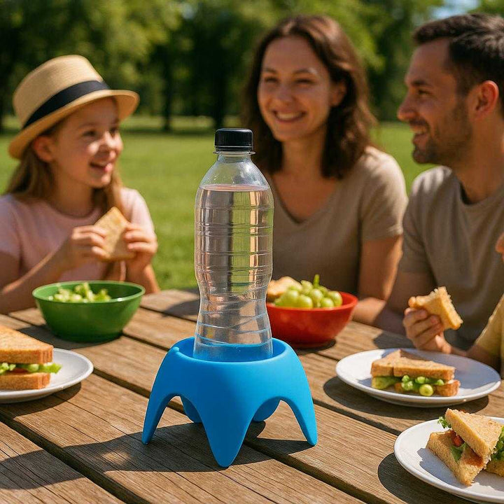 Flaskeholder i Silikone - Praktisk Støtte til Flasker i Blå, Grøn, Lilla og Orange. The silicone bottle holder is securely positioned on a picnic table, supporting a water bottle as a family enjoys an outdoor lunch in a sunny park setting.