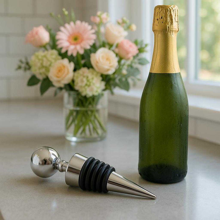 Flaskeprop i Rustfrit Stål med Moderne Design – Høj Kvalitet og Funktionalitet til Vin og Champagne. A modern kitchen counter displays the high-quality stainless steel wine stopper beside an open bottle of chilled champagne, with a celebratory backdrop of fresh flowers and light streaming in through a window.