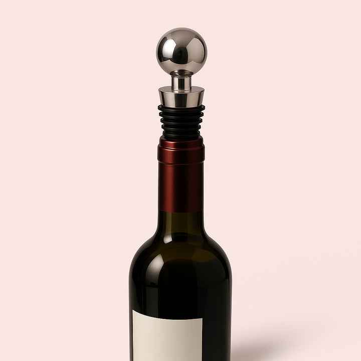 Enhanced Flaskeprop i Rustfrit Stål med Moderne Design – Høj Kvalitet og Funktionalitet til Vin og Champagne. The sleek stainless steel wine stopper is elegantly sealing a bottle of red wine on a beautifully set dining table, surrounded by crystal glassware and candlelight during an intimate dinner gathering.
