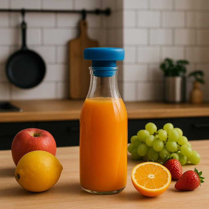 Flaskepropper i silikone - Genanvendelige og lufttætte, tilgængelige i fem farver. In a chic urban kitchen, the silicone stopper is sealing a glass bottle of homemade juice, surrounded by colorful fruits, emphasizing its role in preserving freshness and flavor.