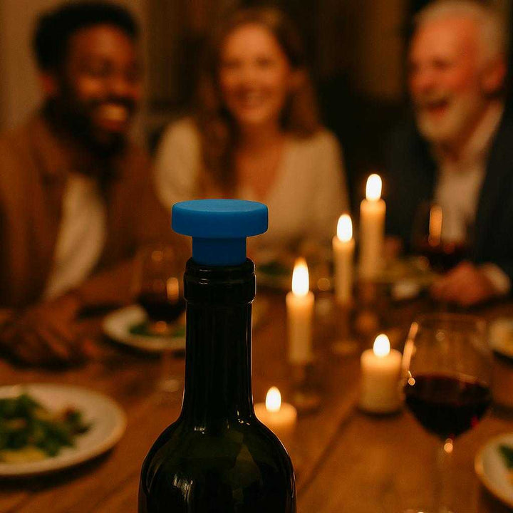Flaskepropper i silikone - Genanvendelige og lufttætte, tilgængelige i fem farver. The silicone stopper is securely placed in a wine bottle on a rustic wooden dining table, with an elegant dinner party in full swing, laughter in the air, and candles softly glowing.