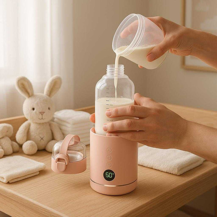 Flaskevarmer til Babyflasker - Høj Kvalitet, Trådløs og Sikker i Hvid og Pink: A realistic cozy nursery setting where the Flaskevarmer til Babyflasker is properly grounded on a wooden changing table, being actively used by a parent preparing a baby bottle.