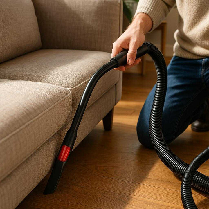 Fleksibelt Støvsugermundstykke - Sort & Rød, Ergonomisk Plastikdesign Til Rengøring: A realistic living room setting where the product is properly grounded on a hardwood floor, being actively used by a person to clean between couch cushions.