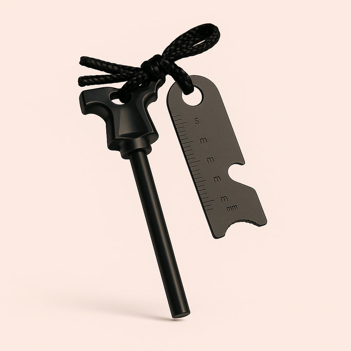 Enhanced Flerfunktionelt Ildtænder og Lineal i Kompakt Design – Avanceret Overlevelsesværktøj. The compact survival tool rests on a wooden picnic table, surrounded by hiking gear, showcasing its integrated ruler and bottle opener under the warm sunlight.