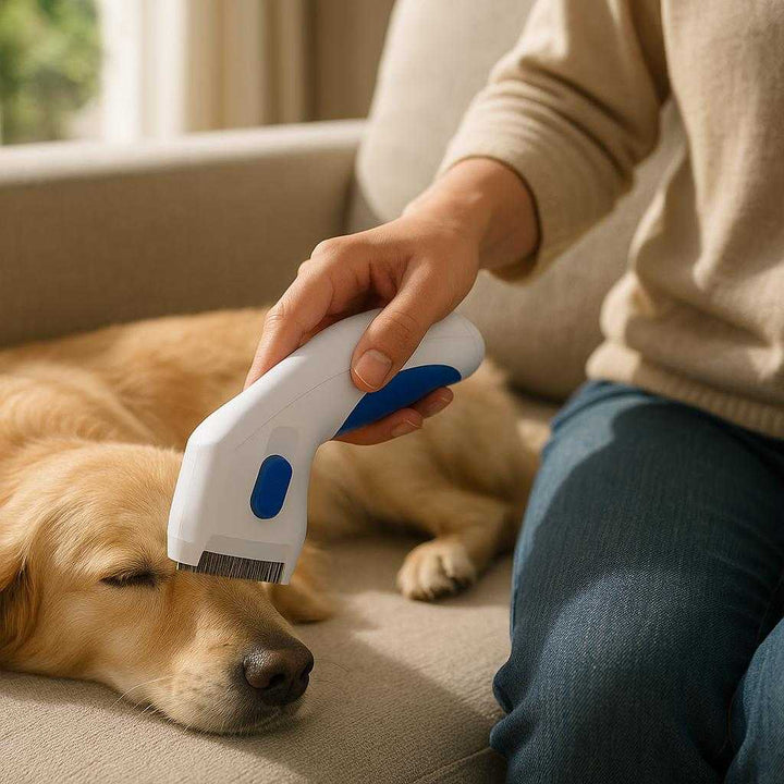 Flåtfjernerkam - Elektrisk og Effektiv til Fjernelse af Lopper og Flåter med UV-Lys: A realistic living room setting where the Flea and Tick Remover Comb is properly grounded on a plush, light-colored sofa, held by a person's hand as they gently comb through the fur of a relaxed dog lying next to them.
