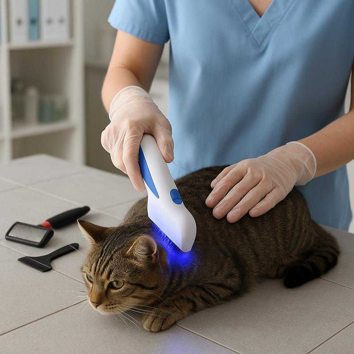 Flåtfjernerkam - Elektrisk og Effektiv til Fjernelse af Lopper og Flåter med UV-Lys: A different realistic veterinary clinic setting where the Flea and Tick Remover Comb is securely positioned on a clean, tiled countertop next to some grooming tools.