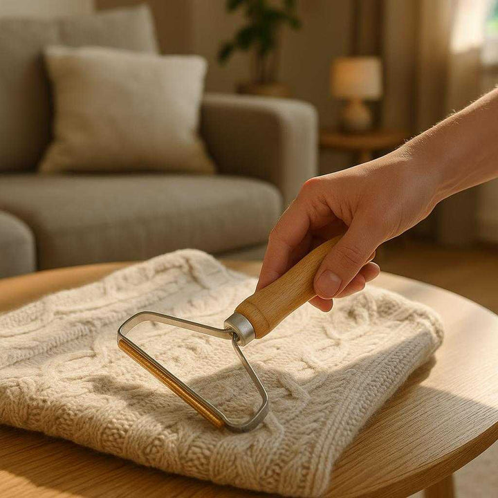 Fnugfjerner med Træhåndtag – Bæredygtig og Effektiv til Strik og Tøj, Professionel Kvalitet: A realistic cozy living room setting where the fnugfjerner with a wooden handle is properly grounded on a soft, knitted sweater resting on a coffee table.