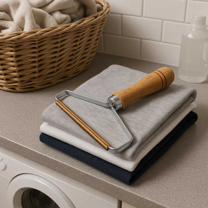 Fnugfjerner med Træhåndtag – Bæredygtig og Effektiv til Strik og Tøj, Professionel Kvalitet: A different realistic laundry room environment where the fnugfjerner is securely positioned on a neatly folded stack of clothes on a laundry counter.