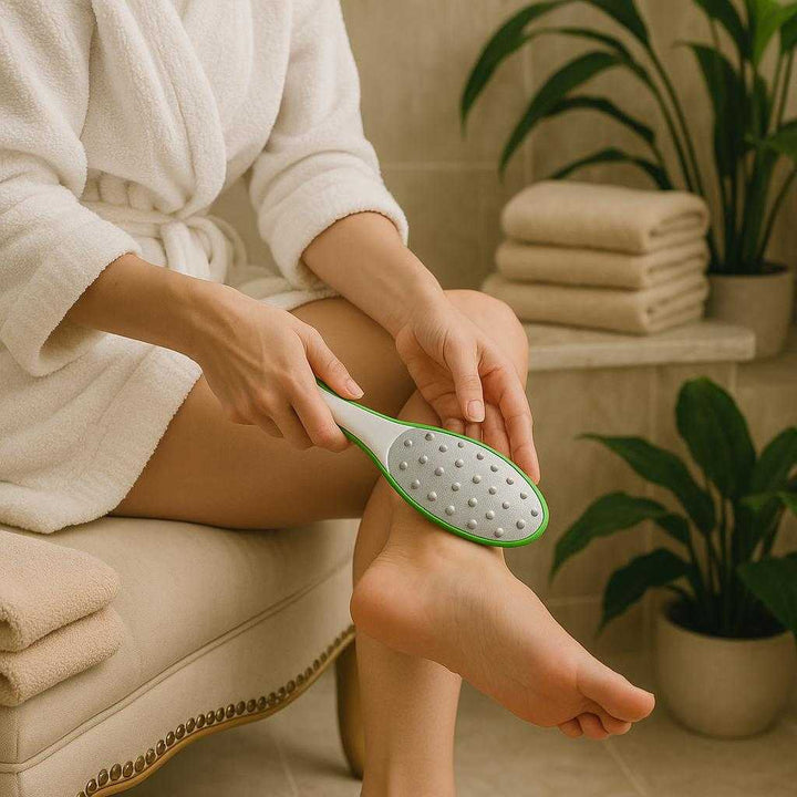 Fodhøvl med professionel kvalitet - Effektiv fjernelse af hård hud og ligtorne - Tilgængelig i fire farver. The foot rasp is being used by a relaxed person sitting on a luxurious bathroom chair, gently smoothing their feet, surrounded by plush towels and plant decor, creating a spa-like atmosphere.