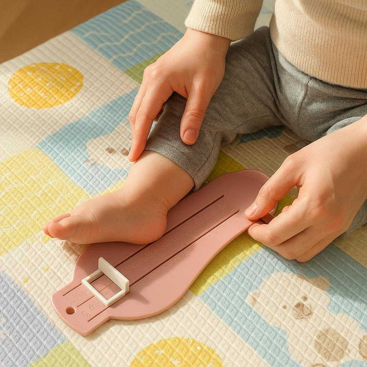 Fodmåler til børn - Præcis og nem måling af fodstørrelse i hjemmet - Tilgængelig i lyserød, blå og grøn: A realistic nursery setting where the product is properly grounded on a soft, colorful baby mat, being actively used by a caregiver measuring a toddler's foot.