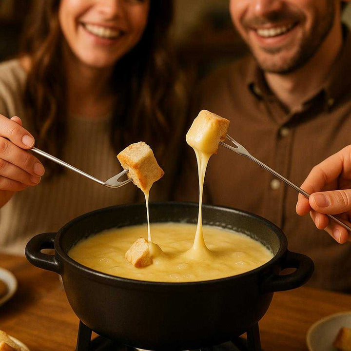 Fonduegaffel i Rustfrit Stål – Elegant, Professionel og Høj Kvalitet til Fonduegryde. A set of elegant stainless steel fondue forks being used to dip pieces of bread into a bubbling pot of cheese fondue at a cozy dinner gathering, with smiling guests in the background.