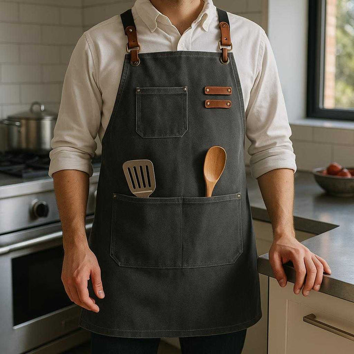 Forklæde i Lærred med Justerbare Stropper og Lommer - Moderne Stil i Grå og Brun: A realistic kitchen setting where the apron is properly grounded on a chef, standing by a modern stainless steel kitchen island.