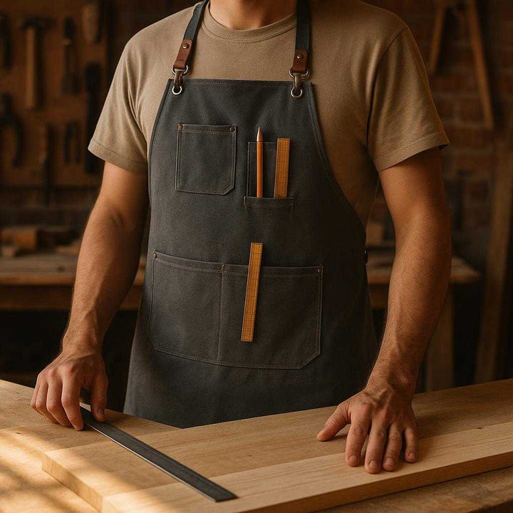 Forklæde i Lærred med Justerbare Stropper og Lommer - Moderne Stil i Grå og Brun: A different realistic workshop setting where the apron is securely positioned on a woodworker, standing by a sturdy workbench.