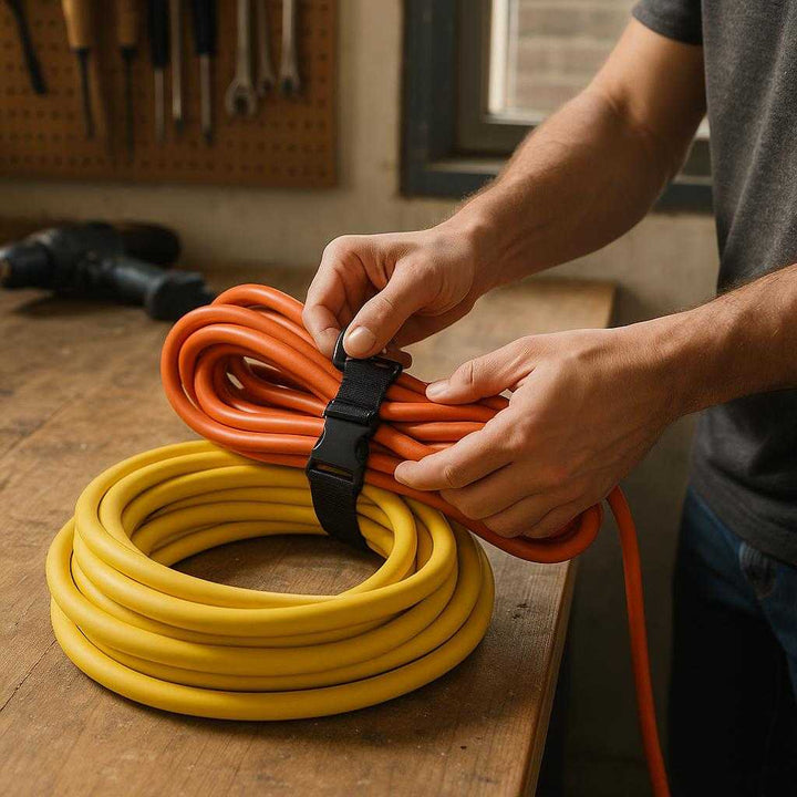 Forlængerledning Organisator i Nylon, Plastik og metal - Sort og Gul, 45.01 cm - 4 pakker: A realistic garage workshop setting where the product is properly grounded on a sturdy workbench, being actively used by a user to organize and secure a bundle of cords.