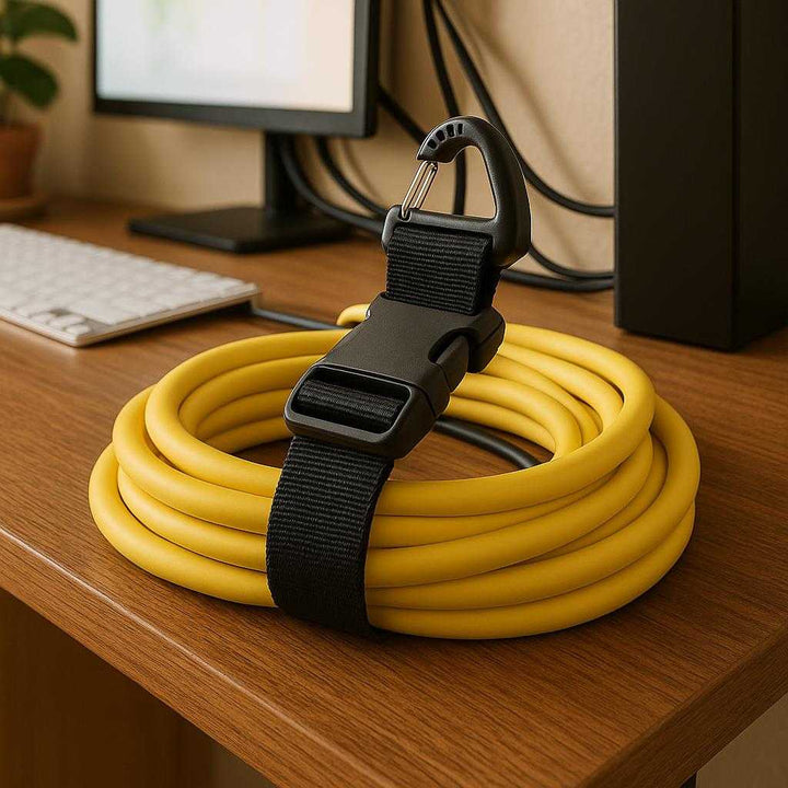 Forlængerledning Organisator i Nylon, Plastik og metal - Sort og Gul, 45.01 cm - 4 pakker: A different realistic home office setting where the product is securely positioned on a wooden shelf, being used to neatly wrap and tidy up computer cables.