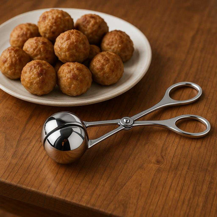 Frikadelletang i Rustfrit Stål – Professionel Tang til Perfekte Frikadeller. The sleek stainless steel meatball tongs are elegantly resting on a wooden kitchen table next to a plate of golden, perfectly shaped meatballs ready to be served.