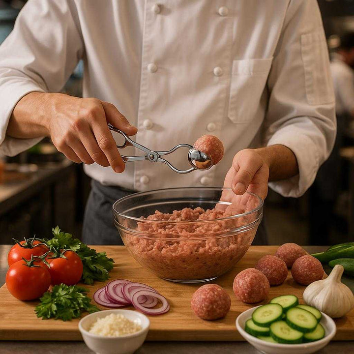 Frikadelletang i Rustfrit Stål – Professionel Tang til Perfekte Frikadeller. The stainless steel meatball tongs are being used by a chef in a bustling kitchen to shape perfect meatballs for a traditional dish, with a variety of fresh ingredients spread on the counter.