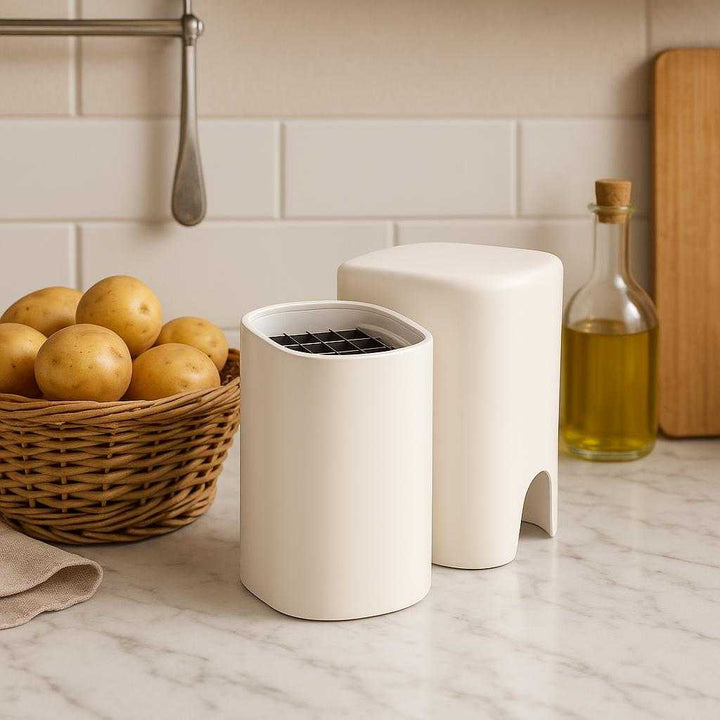 Fritesskærer i Moderne Design - Høj Kvalitet Rustfrit Stål til Perfekt Pommes Frites. In a stylish kitchen setting, the sleek fry cutter stands elegantly on a marble countertop next to a basket of fresh potatoes, emphasizing its aesthetic appeal and functionality.