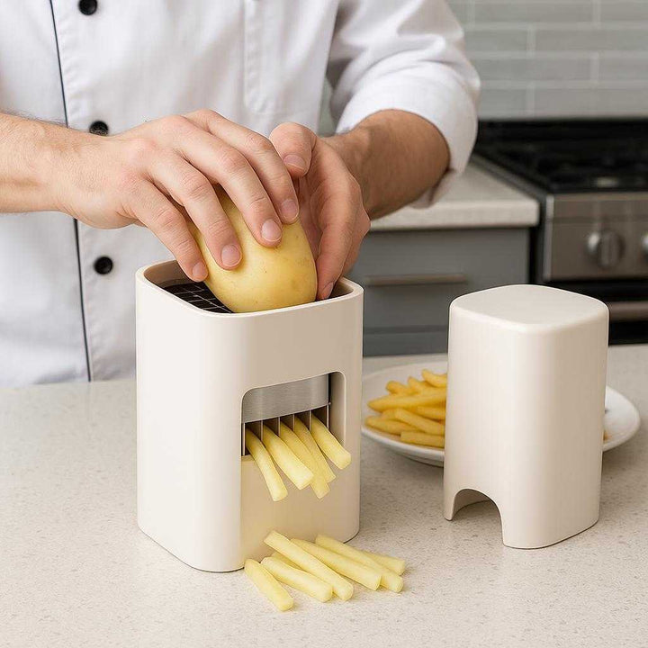 Fritesskærer i Moderne Design - Høj Kvalitet Rustfrit Stål til Perfekt Pommes Frites. The high-quality stainless steel fry cutter is showcased in a modern kitchen where a chef slides a potato through it, effortlessly creating uniform fries, with a plate of golden fries ready in the background.