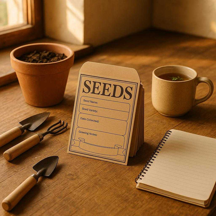 Frøopbevaringsmappe i klassisk design - Nem organisering og opbevaring af frø i brun, gul og hvid. A cozy kitchen setting with warm, natural lighting streaming through a nearby window. The seed storage folder is open on a rustic wooden counter, surrounded by small garden tools and a ceramic pot filled with fresh soil. Nearby, a notebook and a cup of herbal tea suggest an early morning spent planning a spring garden. The soft light casts gentle shadows, adding depth and character to the scene.