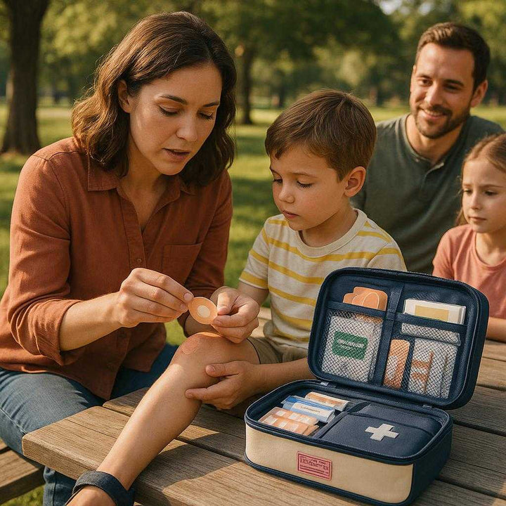 Førstehjælpsmappe i Kompakt Design med Rød, Gul, Grå og Lyserød - Høj Kvalitet og Sikker Opbevaring. The compact first aid kit is open on a picnic table in a park with a family using it to apply bandages to a child's knee after a minor scrape during a sunny afternoon outing.