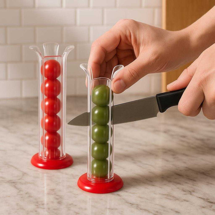 Frugtskærer i Transparent Hvid - Hurtig Skæring og Sikkerhed - Plastik og metal: A realistic kitchen countertop setting where the product is properly grounded on a marble counter, being actively used by a hand holding a knife as it slices through cherry tomatoes that are neatly aligned within the transparent white cutter, with natural kitchen lighting casting realistic shadows and showing clear contact points where the product and tomatoes touch the surface.