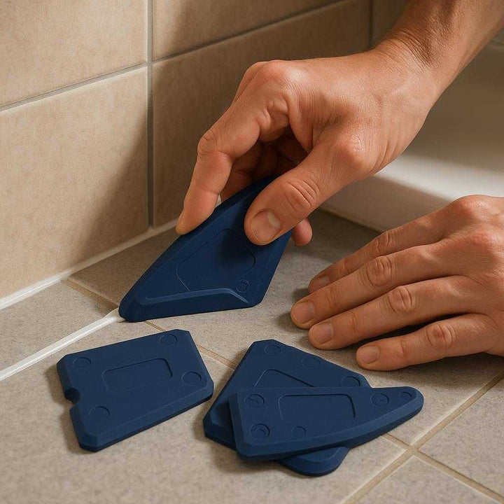 Fugeværktøj - Professionelt Sæt til Perfekte Fugelinjer i Mørkeblå: A realistic bathroom renovation setting where the Fugeværktøj is properly grounded on a tiled floor, being actively used by a person's hands to apply sealant along the edge of a bathtub.