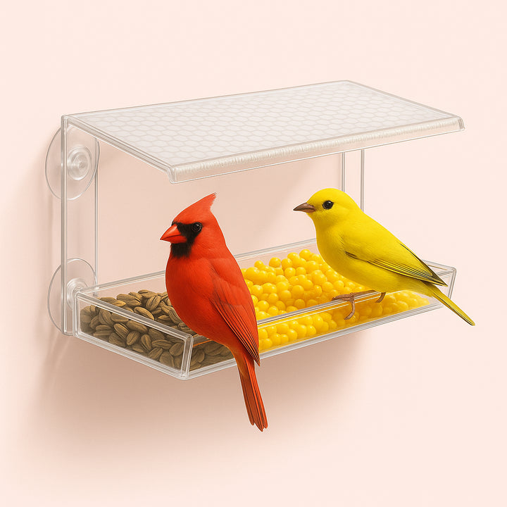 Enhanced Fuglefoderhus i Klar Akryl – Elegant og Funktionelt Design med Sugekopper til Vindue. Mounted on a lush garden window, the bird feeder hosts vibrant birds enjoying a meal against a backdrop of blooming flowers and verdant foliage.
