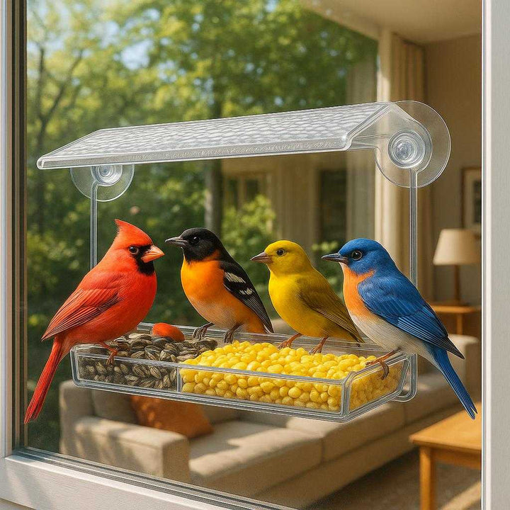 Fuglefoderhus i Klar Akryl – Elegant og Funktionelt Design med Sugekopper til Vindue. The clear acrylic bird feeder is attached to a sunny window, attracting a variety of colorful birds feasting on seeds, with a cozy living room visible inside.
