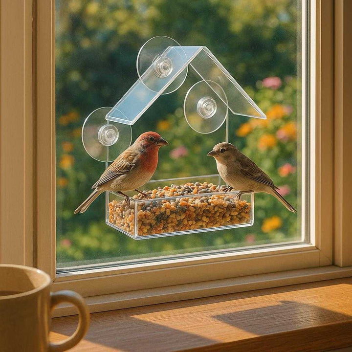 Fuglefoderhus til Vindue: Moderne og Transparent Design i Plastik - Nem at Montere, Perfekt til Enhver Have. A cozy kitchen window overlooking a lush garden, where the transparent bird feeder is mounted securely with suction cups, filled with colorful seeds. Sunlight gently illuminates the clear, modern design, attracting small birds like finches and sparrows to perch and feed. The background shows a vibrant floral garden in bloom, enhancing the serene and inviting outdoor setting.
