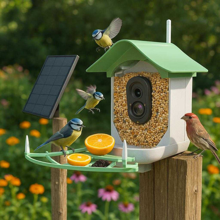 Fuglekamera med solcellepanel og WiFi - Perfekt til overvågning af fugleliv i haven: A realistic backyard garden setting where the camera is properly grounded on a sturdy wooden post, surrounded by colorful flowers and lush greenery.