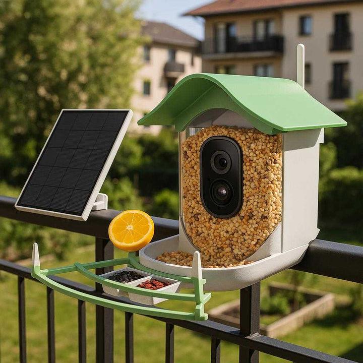 Fuglekamera med solcellepanel og WiFi - Perfekt til overvågning af fugleliv i haven: A suburban balcony setting where the camera is securely positioned on a metal railing, overlooking a small urban garden.