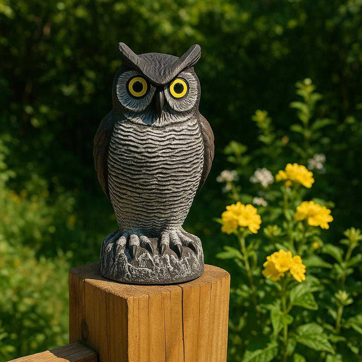 Fugleskræmmer i Realistisk Ugleform - Ideel til Have og Altan, 38x15 cm: A realistic garden setting where the owl-shaped bird deterrent is properly grounded on a wooden fence post, naturally placed to ward off small birds.