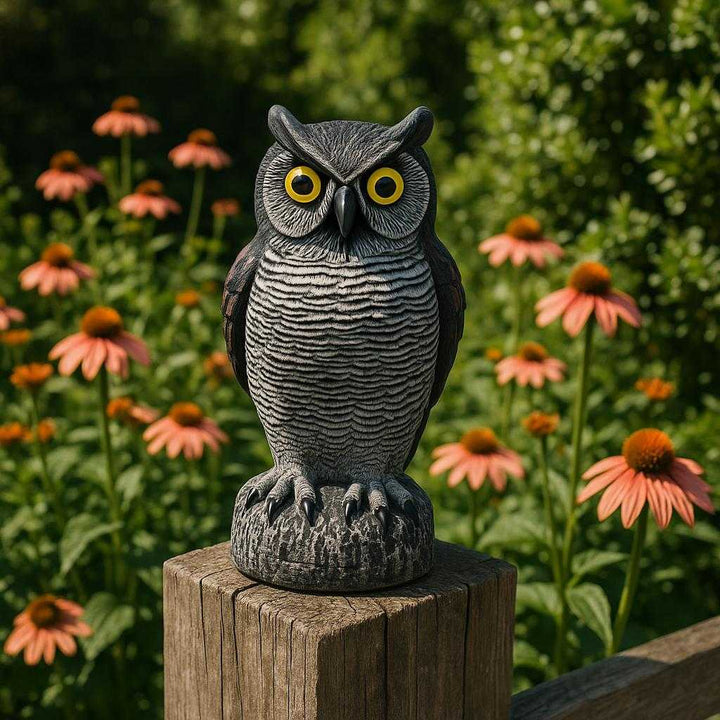 Fugleskræmmer i Realistisk Ugleform - Ideel til Have og Altan, 38x15 cm: A realistic garden setting where the product is properly grounded on a wooden fencepost, being naturally placed among blooming flowers and green shrubs, with natural sunlight casting realistic shadows and showing clear contact points where the product touches the wood, creating an inviting and harmonious outdoor environment.