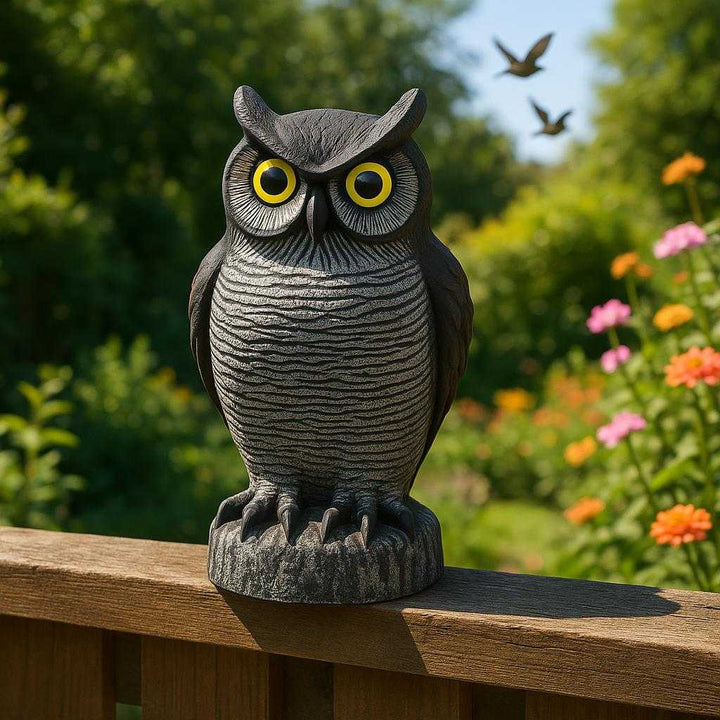 Fugleskræmmer i Realistisk Ugleform - Ideel til Have og Altan, 38x15 cm: A realistic garden setting where the owl-shaped bird deterrent is properly grounded on a wooden fence, surrounded by greenery and colorful flowers, with natural lighting casting realistic shadows and showing clear contact points where the base of the owl touches the fence.
