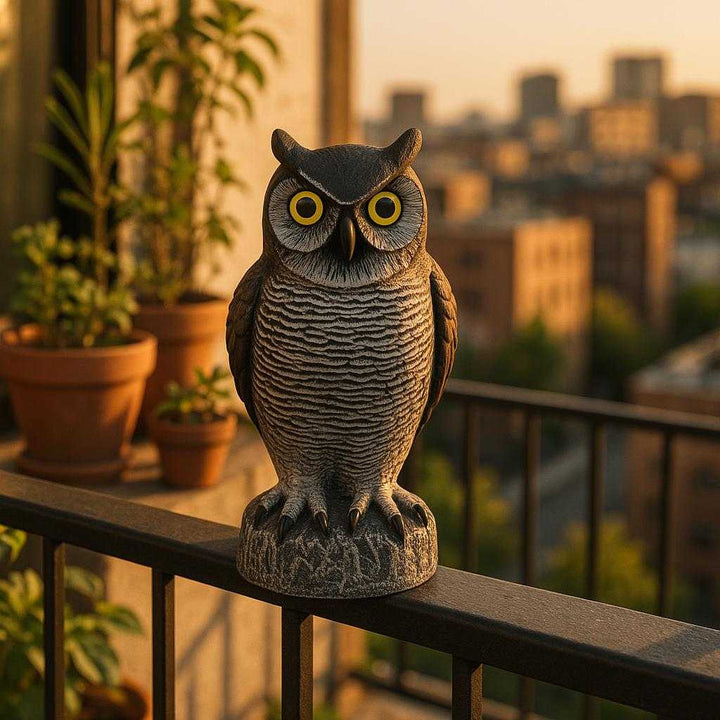 Fugleskræmmer i Realistisk Ugleform - Ideel til Have og Altan, 38x15 cm: A different realistic balcony setting where the product is securely positioned on a sturdy metal railing, being used as a decorative addition to the urban landscape, surrounded by potted plants and cityscape views, with warm sunset lighting casting long shadows and integrating the product seamlessly into the setting.