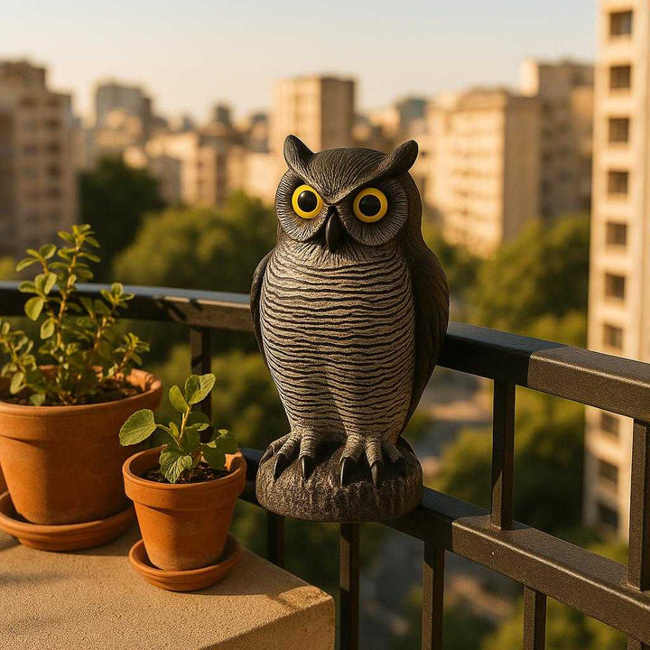 Fugleskræmmer i Realistisk Ugleform - Ideel til Have og Altan, 38x15 cm: A different realistic balcony setting where the owl-shaped bird deterrent is securely positioned on a metal railing, overlooking a cityscape.