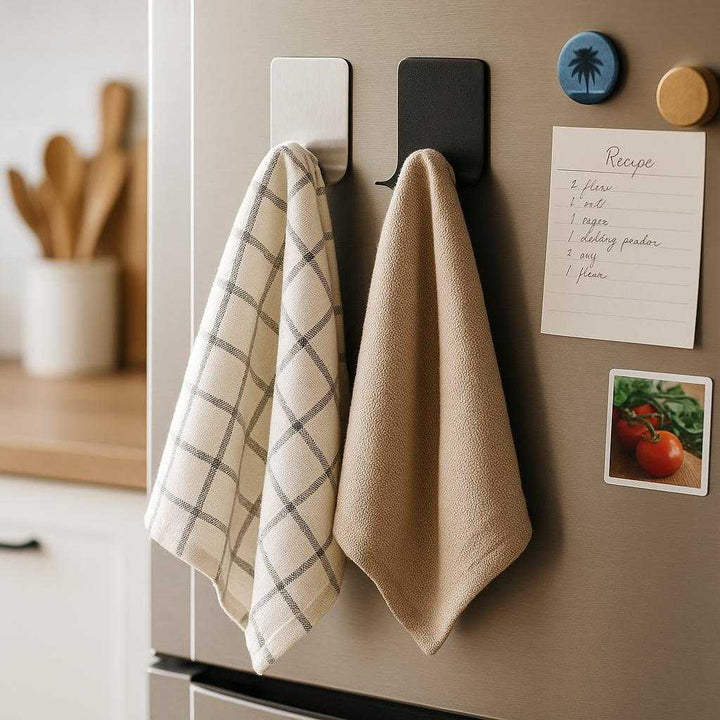 Funktionalitet i Elegante Sølv og Sort Krogdesign - Moderne Badeværelsesopbevaring: A different realistic kitchen setting where the product is securely positioned on a refrigerator door, being used to hold a set of kitchen towels.