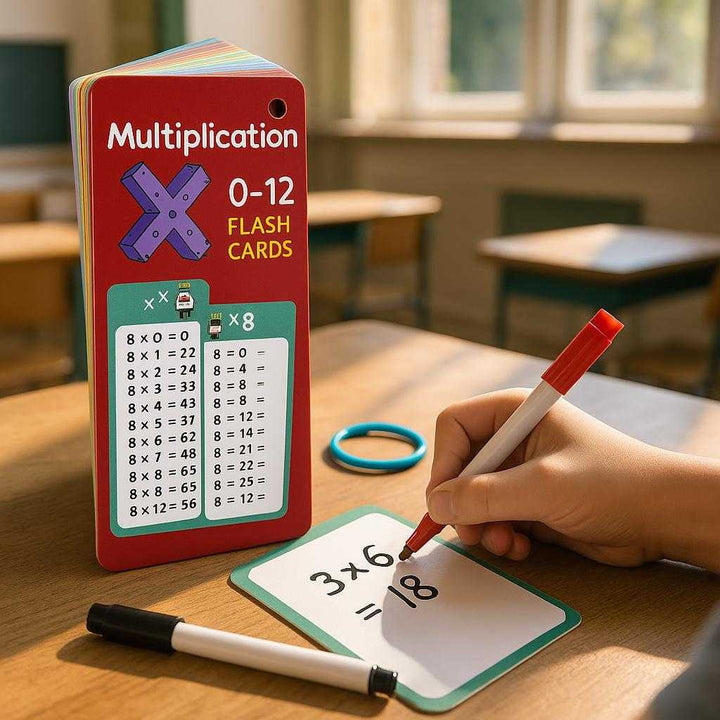 Gangetabel Flashkort - Farverige 0-12 Læringskort til Matematik Øvelse med Høj Kvalitet: A realistic classroom setting where the flashcards are grounded on a wooden desk, being actively used by a child who is writing with one of the included pens.