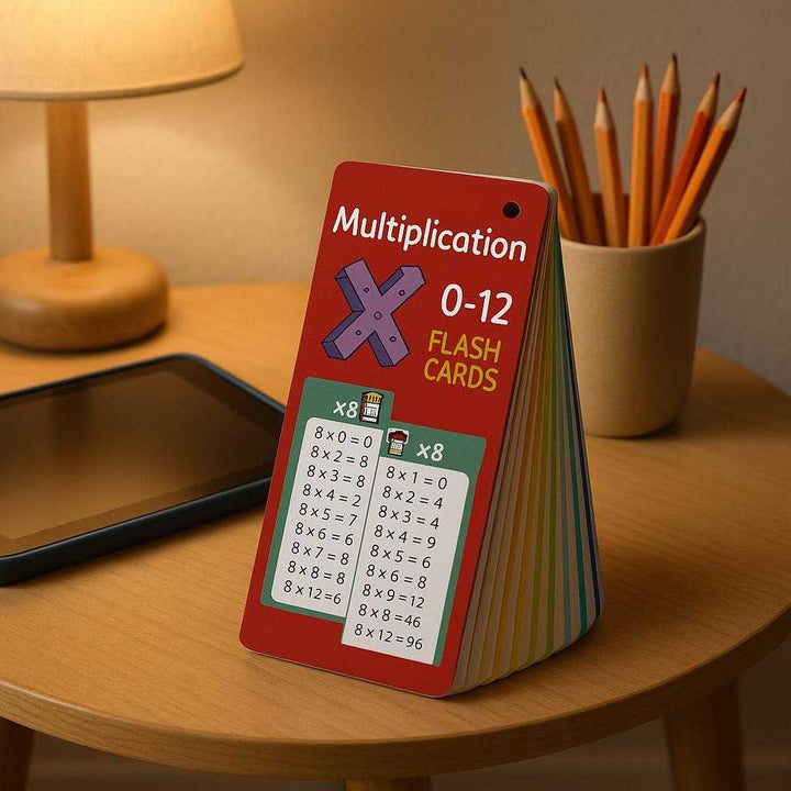 Gangetabel Flashkort - Farverige 0-12 Læringskort til Matematik Øvelse med Høj Kvalitet: A cozy home study environment where the flashcards are securely positioned on a small round table, naturally placed next to a child’s tablet and a cup of pencils.