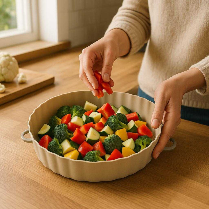 Genanvendelig Silikoneform til Airfryer - Høj Kvalitet, Non-stick, Rund Design med Håndtag, Fleksibel, Beige: A realistic kitchen setting where the Genanvendelig Silikoneform is properly grounded on a wooden kitchen counter, being actively used by a person who is placing freshly cut vegetables inside, preparing them for air frying.
