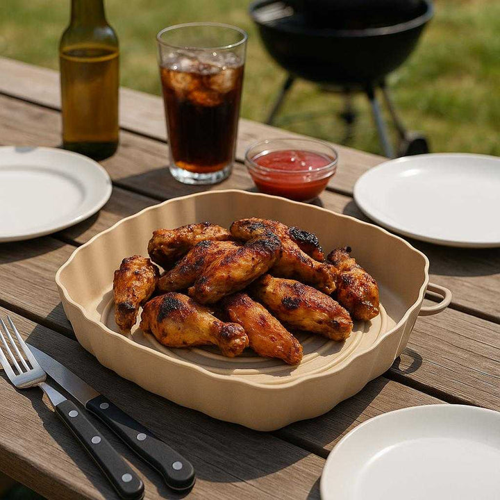 Genanvendelig Silikoneform til Airfryer - Høj Kvalitet, Non-stick, Rund Design med Håndtag, Fleksibel, Beige: A different realistic outdoor barbecue setting where the silicone form is securely positioned on a picnic table, surrounded by other BBQ essentials.